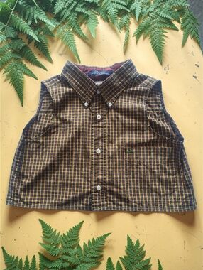 Snap 100% Cotton 90's Yellow, Green And Navy Plaid Sleeveless Button-Front Vest